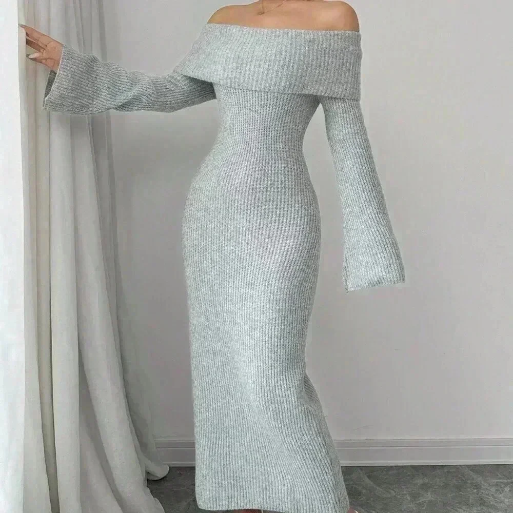 Grey Elegant Women's Off-Shoulder Long Sleeve Dress